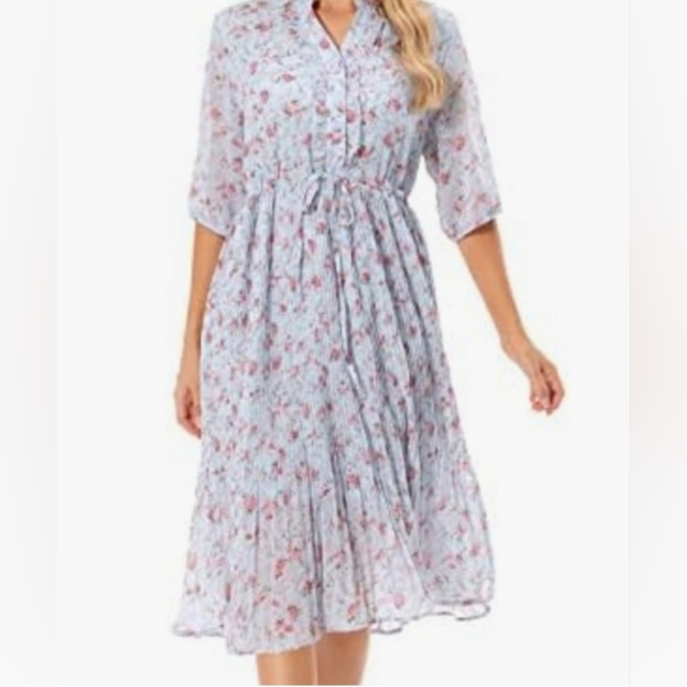 Light Blue Floral Midi Dress with Tie Waist